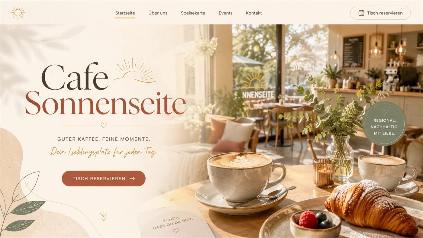 Beispielkonzept einer modernen Website für das fiktive Café Sonnenseite, dargestellt auf einem Smartphone