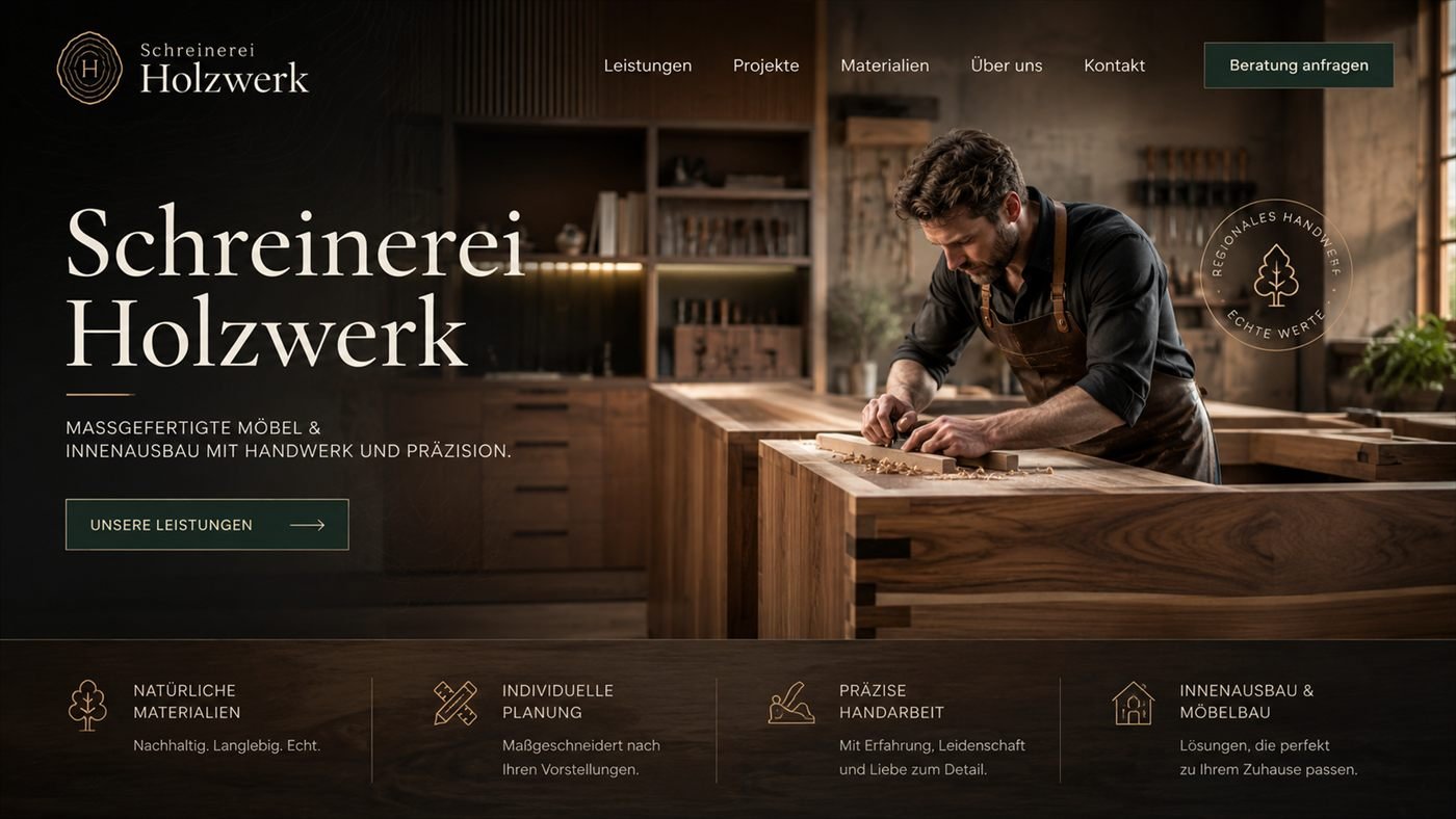 Beispielkonzept einer modernen Website für die fiktive Schreinerei Holzwerk, dargestellt auf einem Laptop